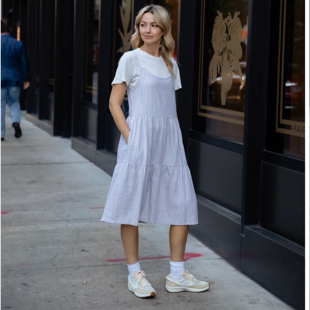 Lena Tiered Linen Dress in Beige and White Stripe Sz L handmade fair trade - Picture 6 of 7